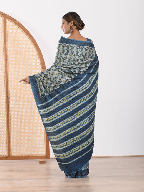 MULMUL FAIENCE BLOCK PRINTED MODAL SATIN SAREE MULMUL FAIENCE BLOCK PRINTED MODAL SATIN SAREE